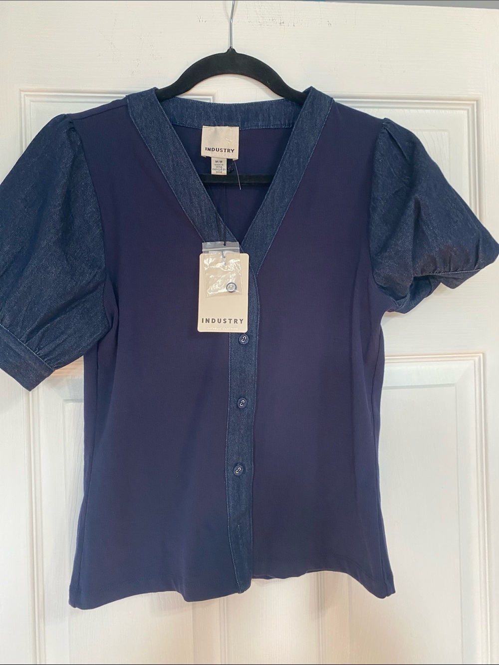 Industry Navy Button-Front V-Neck Top with Denim Trim